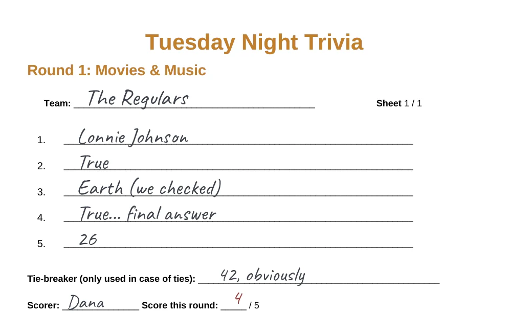 A printed Brainflood answer sheet for Tuesday Night Trivia, filled out in pencil by team The Regulars
