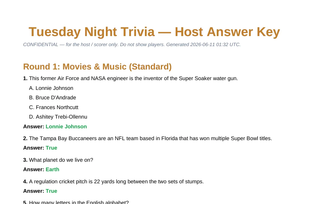 The host answer key: every question and answer for the round, marked confidential