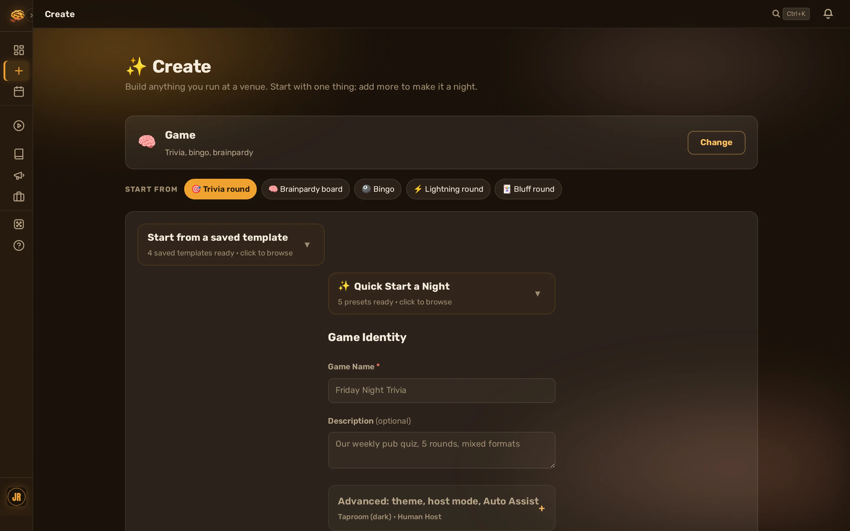 The Create screen building a game: name and theme up top, rounds on a timeline, and a collapsed start-from-a-template drawer