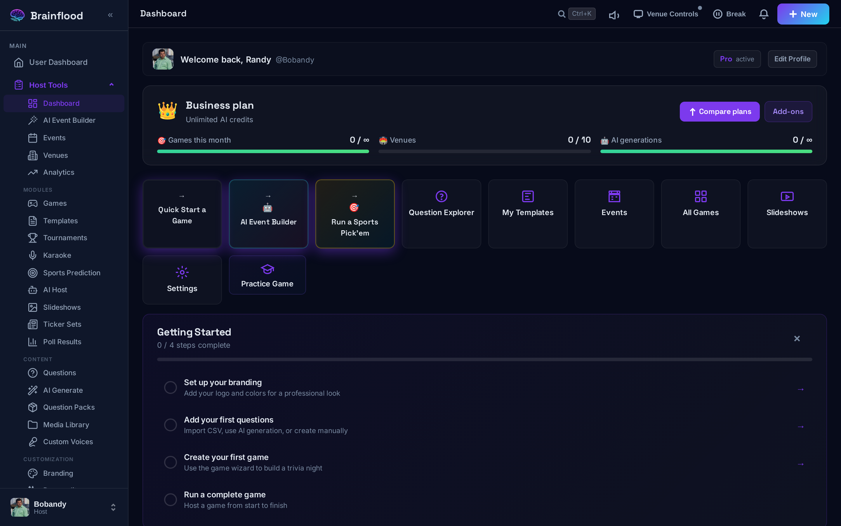 The Brainflood Host Dashboard showing the welcome card, plan summary, the Quick Start a Game / AI Event Builder / Run a Sports Pick'em action tiles, and a getting-started checklist along the right rail.