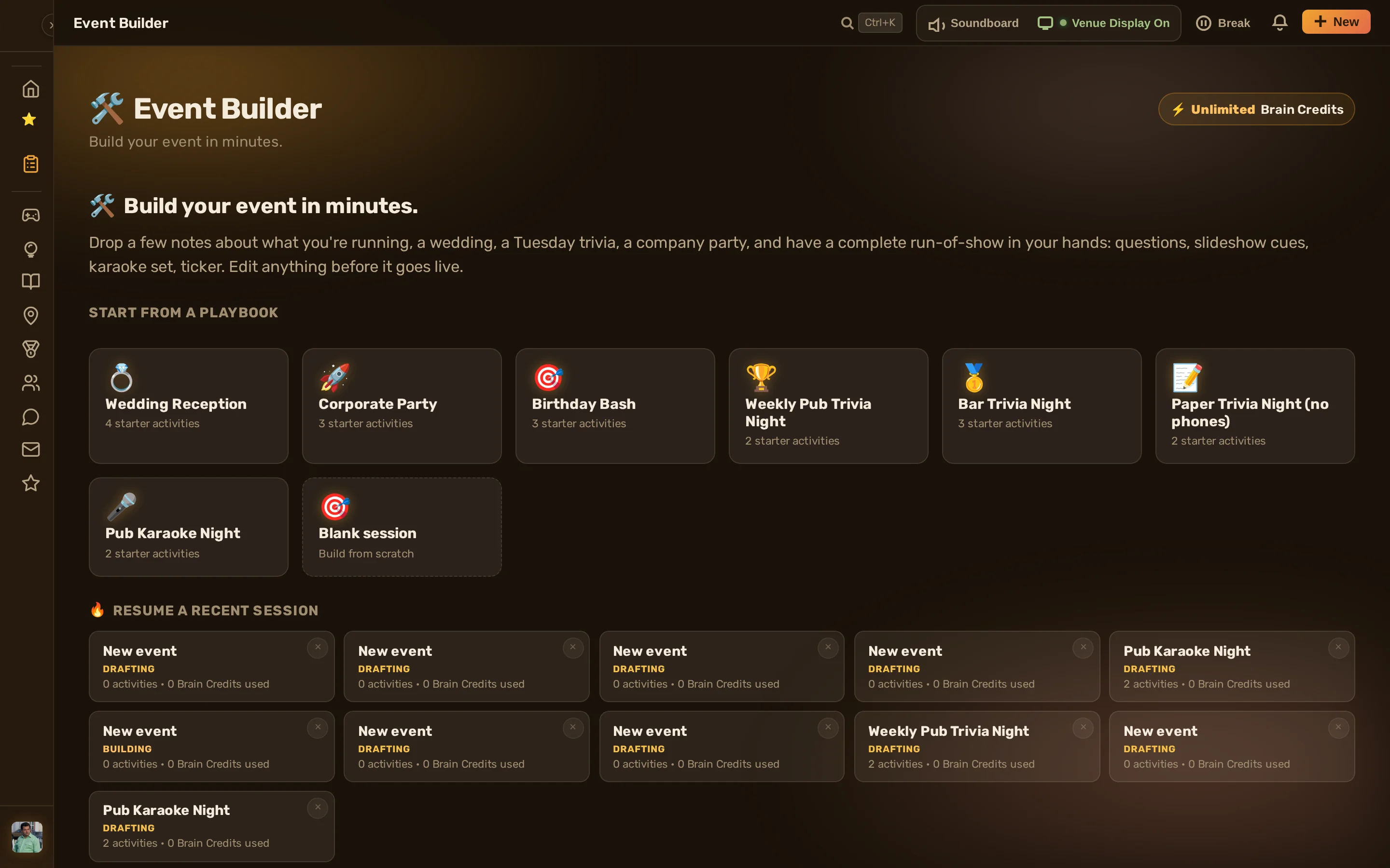The Event Builder chat turning a plain-text brief into a run-of-show with generated questions
