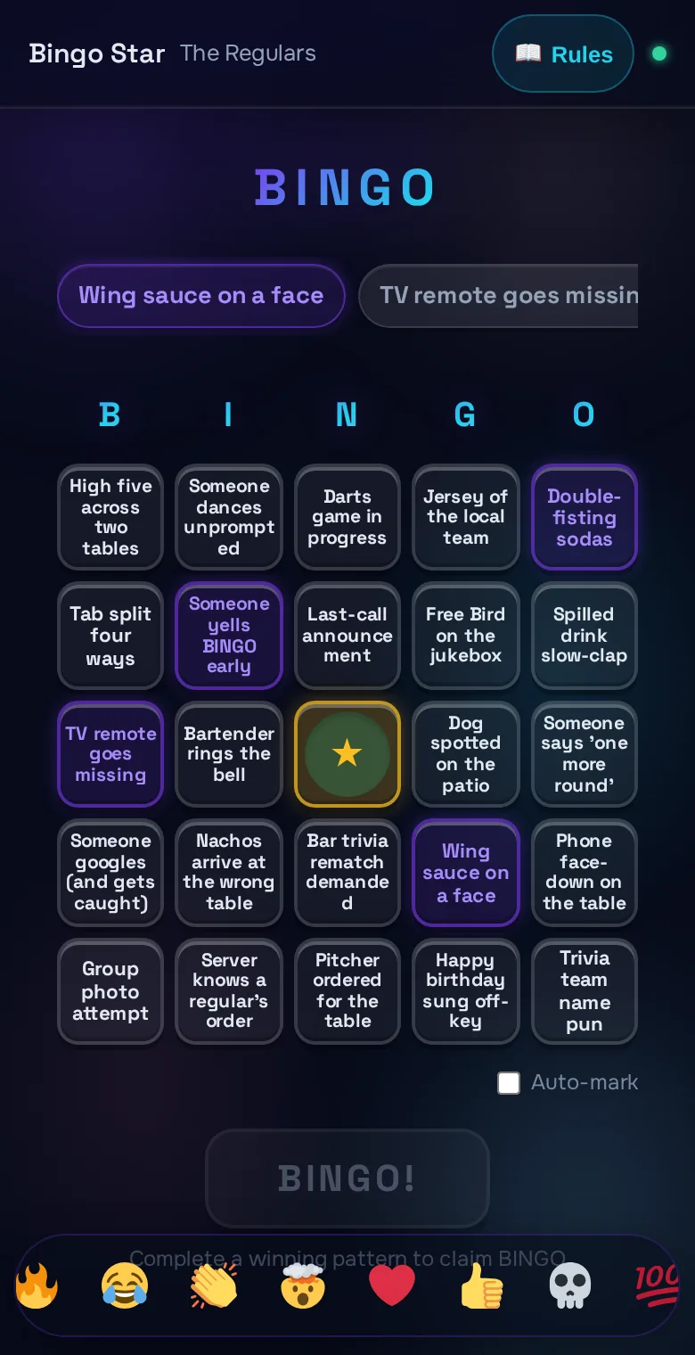 A bar-themed bingo card with daubed squares and a BINGO button