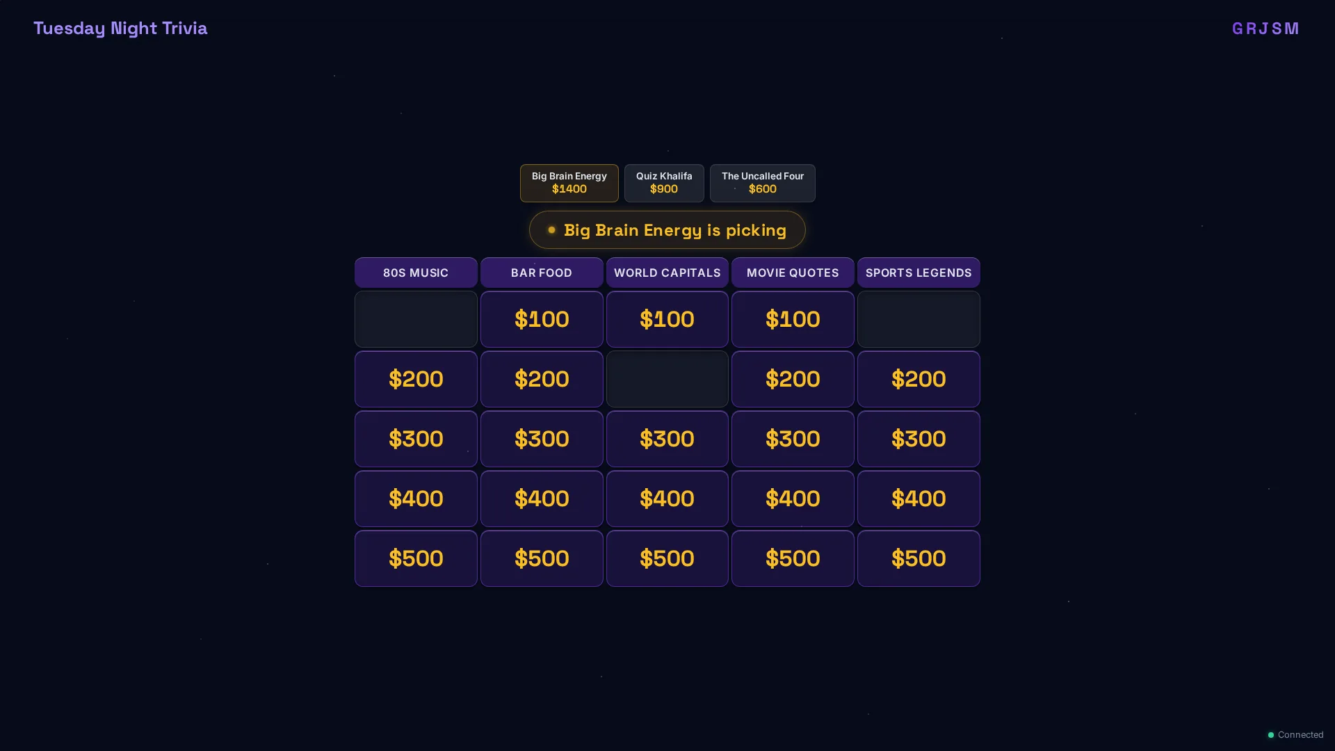 The Brainpardy 5x5 board: categories, gold dollar values, team scores