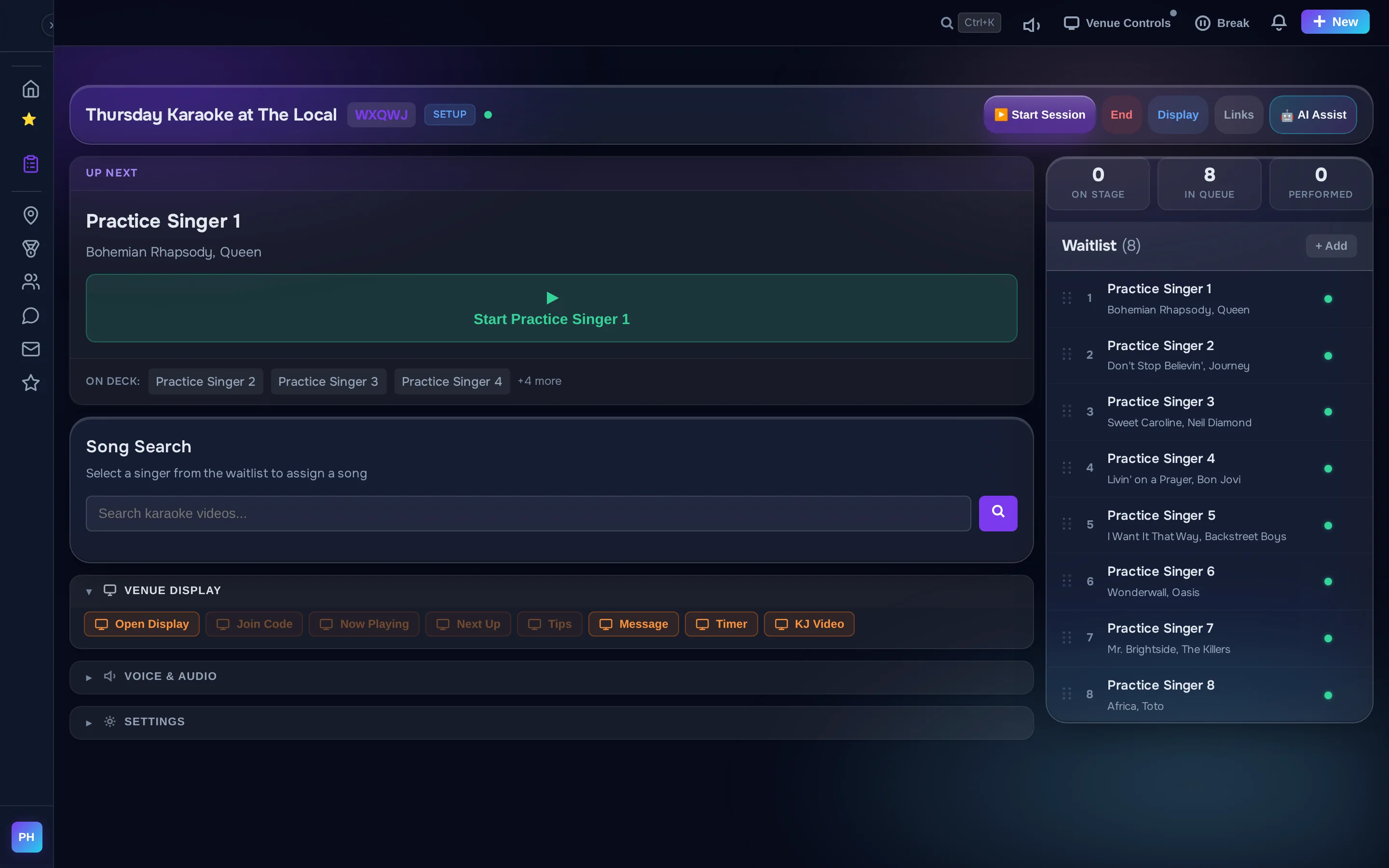 The KJ dashboard: up-next singer, song search, waitlist of eight singers, venue display controls
