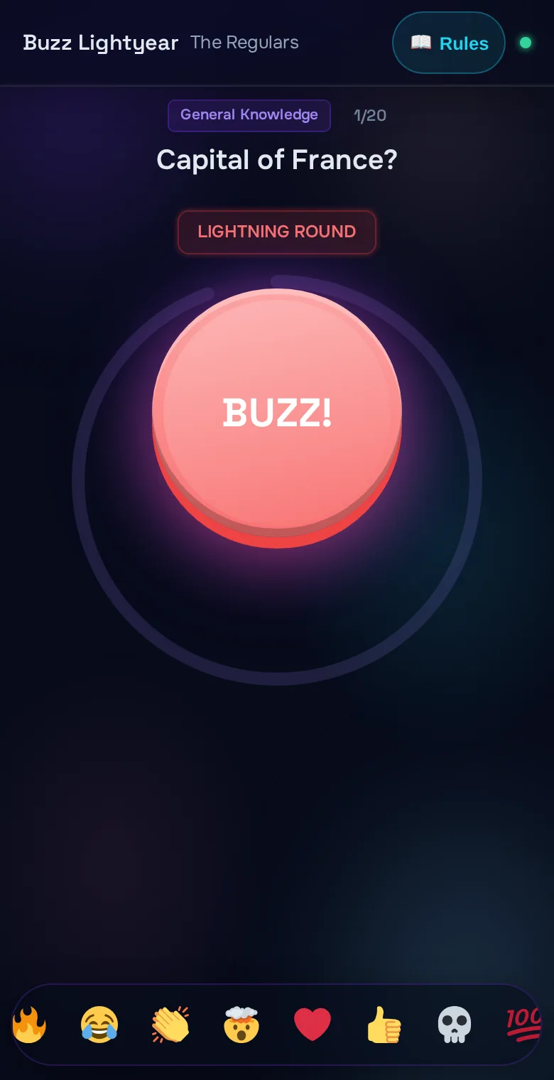 The Lightning buzzer: one giant glowing red BUZZ button