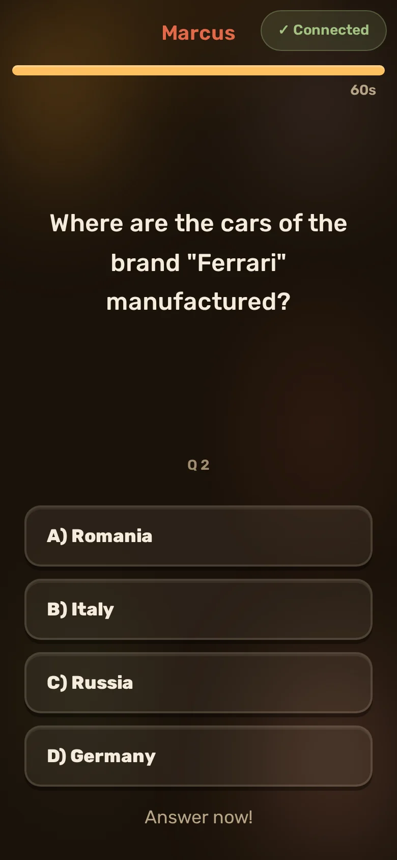 A Lightning question on a player phone: four answer buttons while the clock runs
