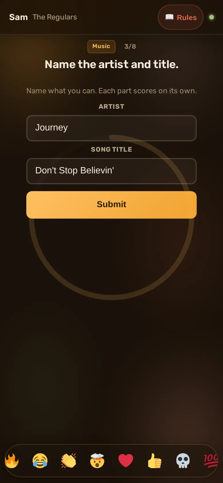 Name That Tune on a player phone: separate Artist and Song title fields, filled in with Journey and Don't Stop Believin', above a Submit button