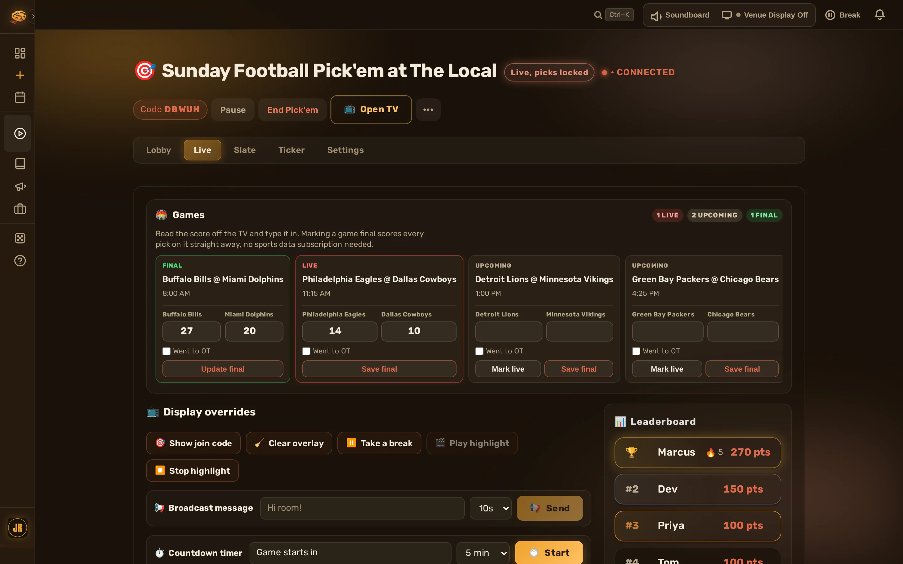 The Pick'em host console on the Live tab: a card per game (one final, one live, two still to kick off), the display overrides row, and the leaderboard