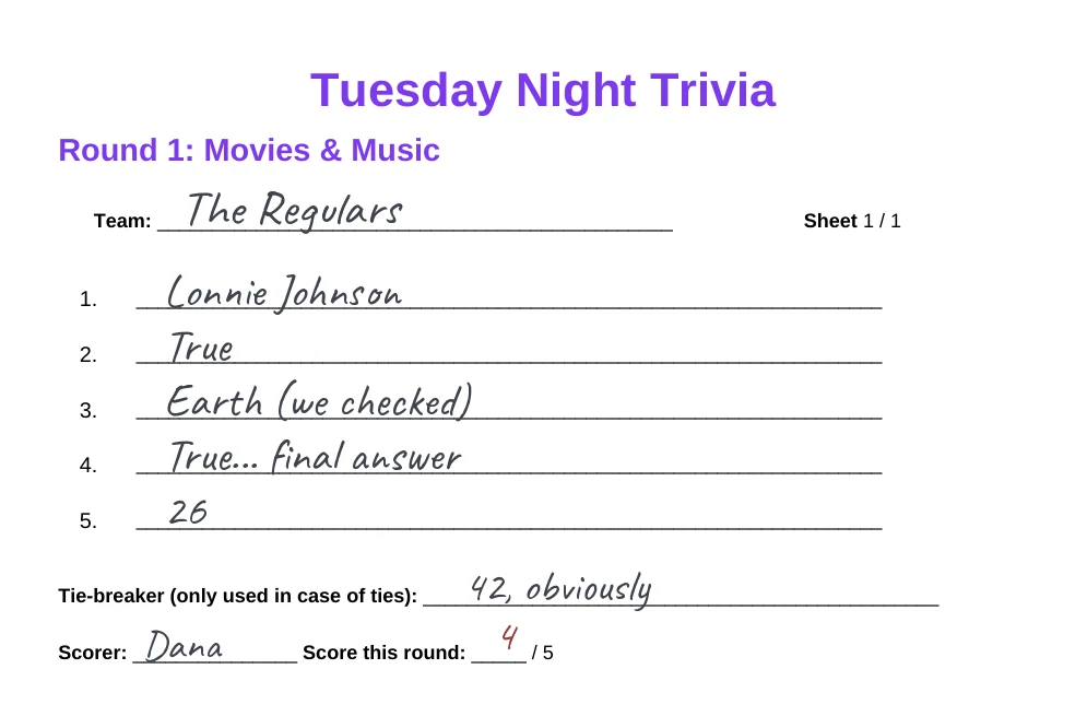 A printed Brainflood answer sheet for Tuesday Night Trivia, filled out in pencil by team The Regulars