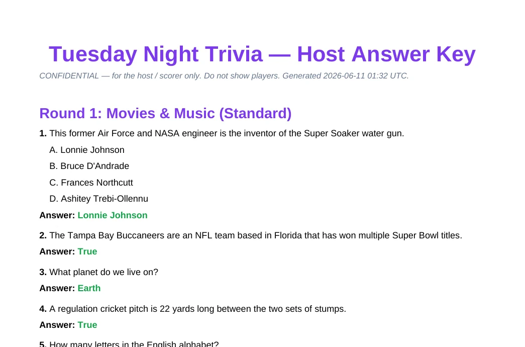The host answer key: every question and answer for the round, marked confidential