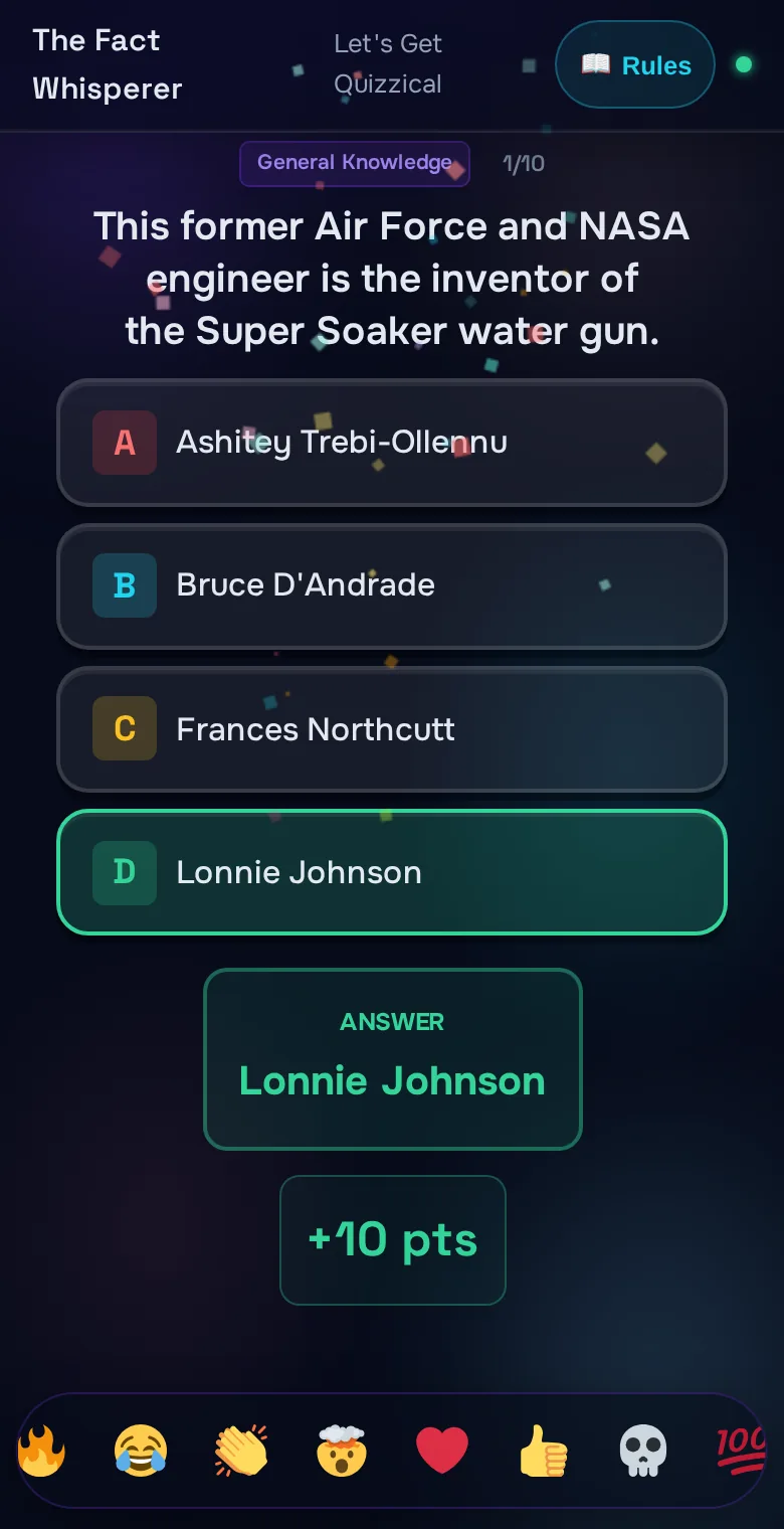 The reveal: correct answer glowing green, plus ten points