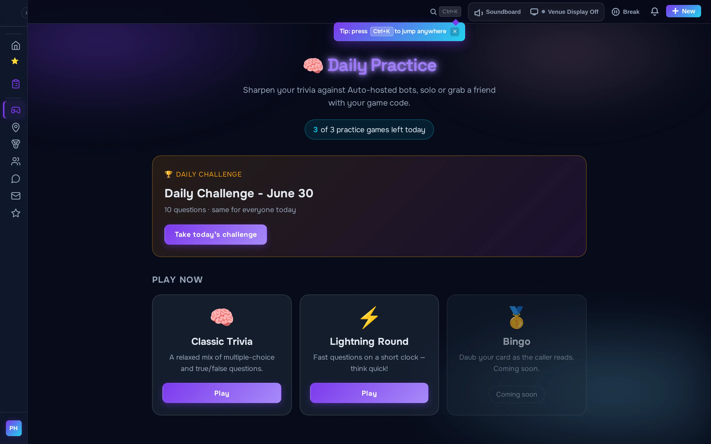 The Daily Practice page: a shared Daily Challenge plus Classic Trivia and Lightning practice modes