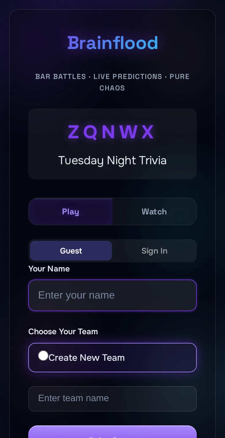 Joining a Brainflood game: enter a name, pick a team, one Join Game button