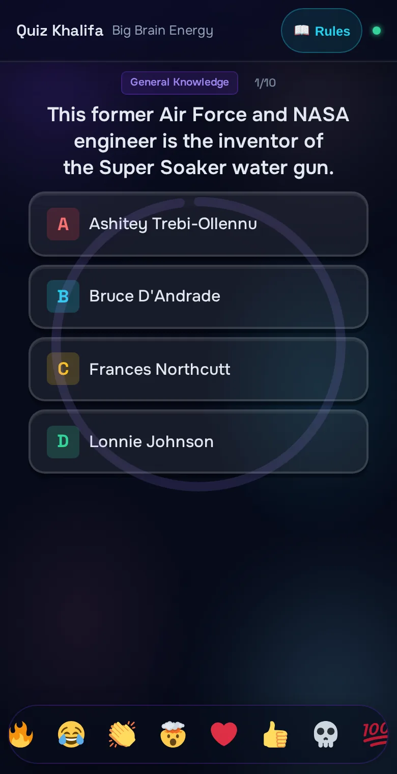 A Brainflood trivia question on a player's phone: four answer choices with big tappable cards