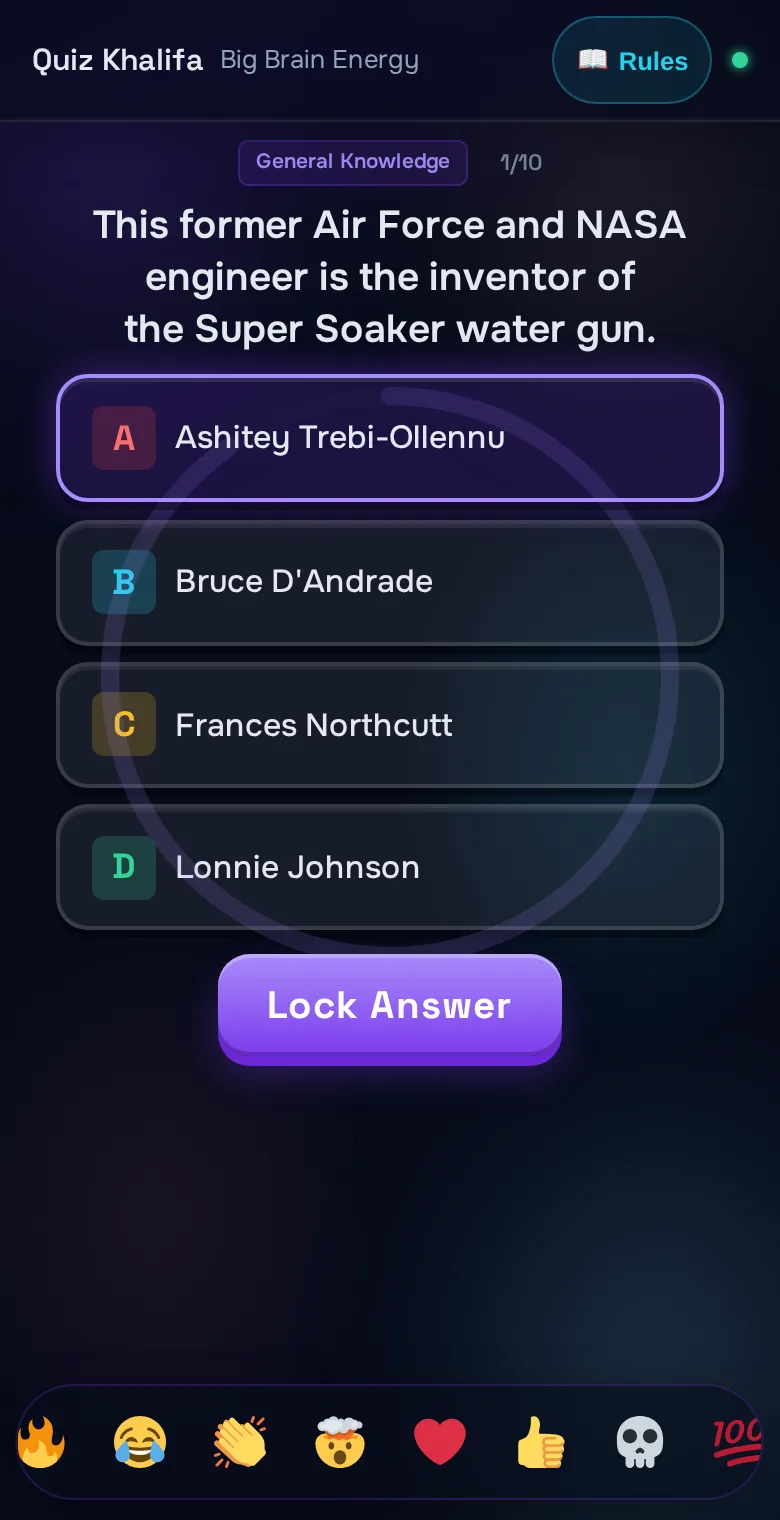 A live trivia question with an answer selected and the Lock Answer button ready