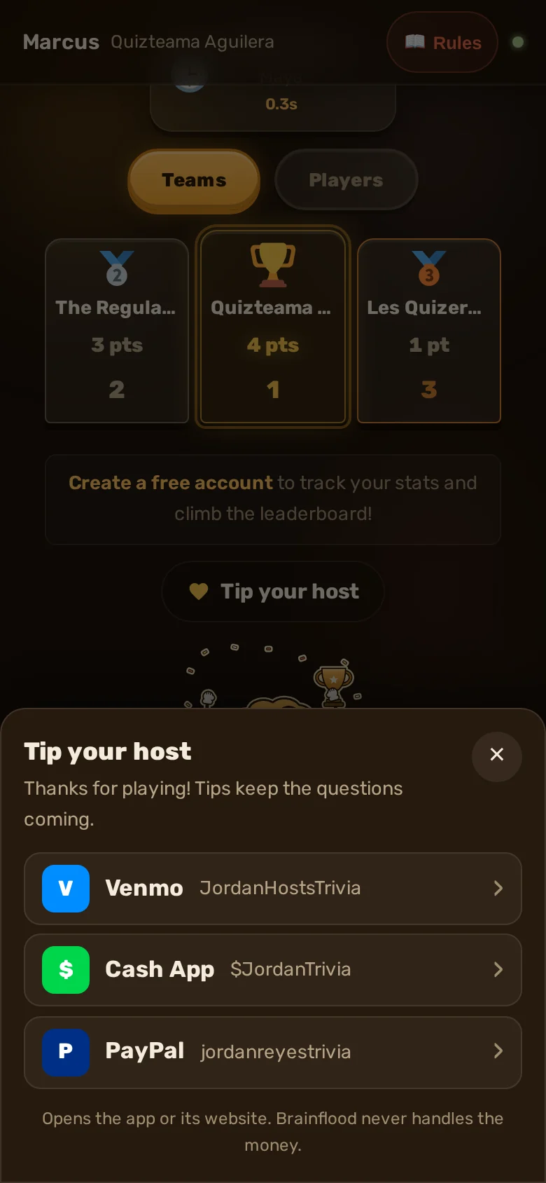 A player's phone at game over with the Tip your host sheet open: Venmo, Cash App and PayPal rows that open each app